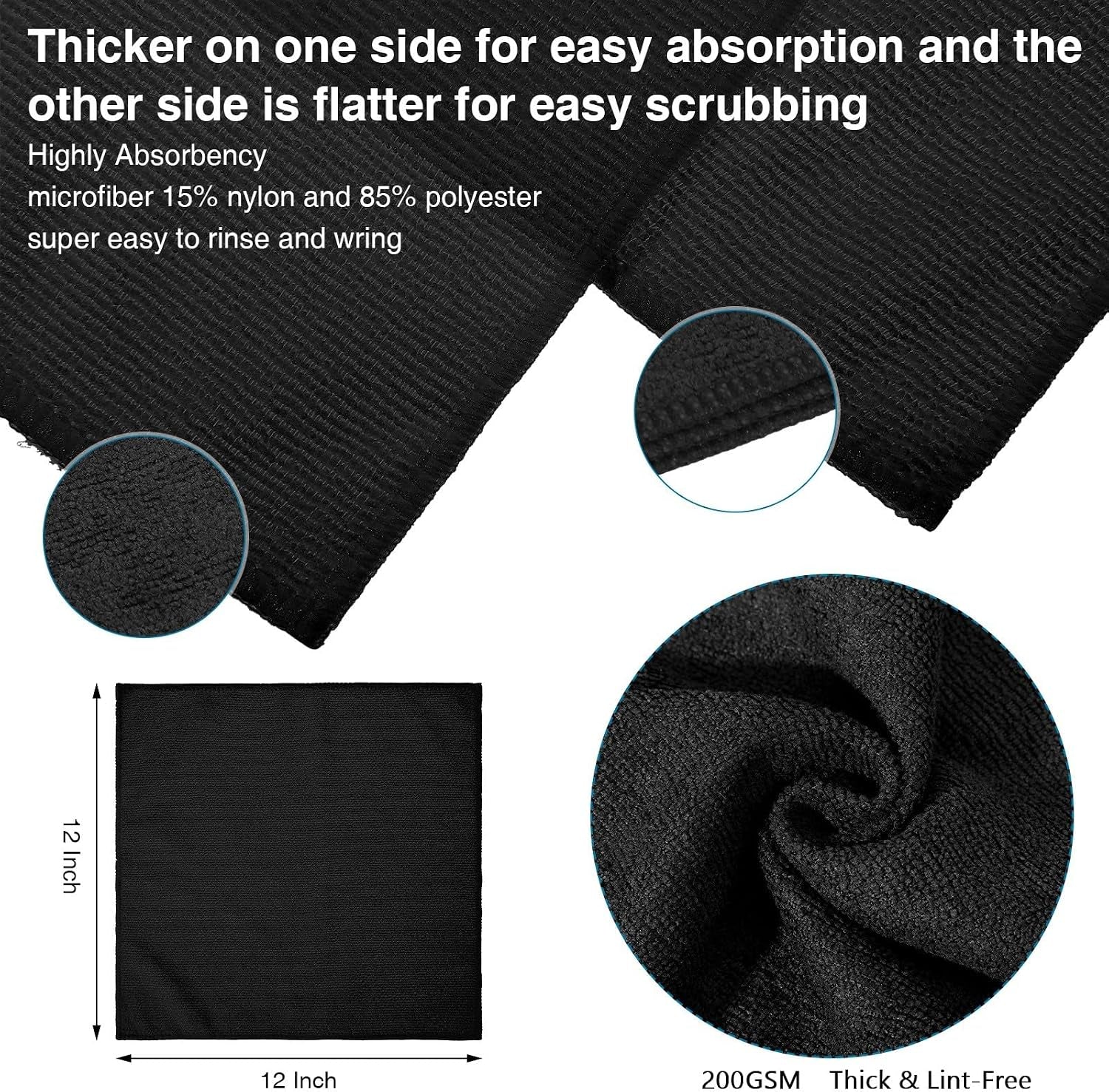 400 Microfiber Cleaning Cloths, Microfiber Towels for Car, Absorbent Wash Cloths Reusable Lint-Free Streak Free Cleaning Rags for House, Kitchen, Window, Restaurant, Shop, 12×12" (Black)