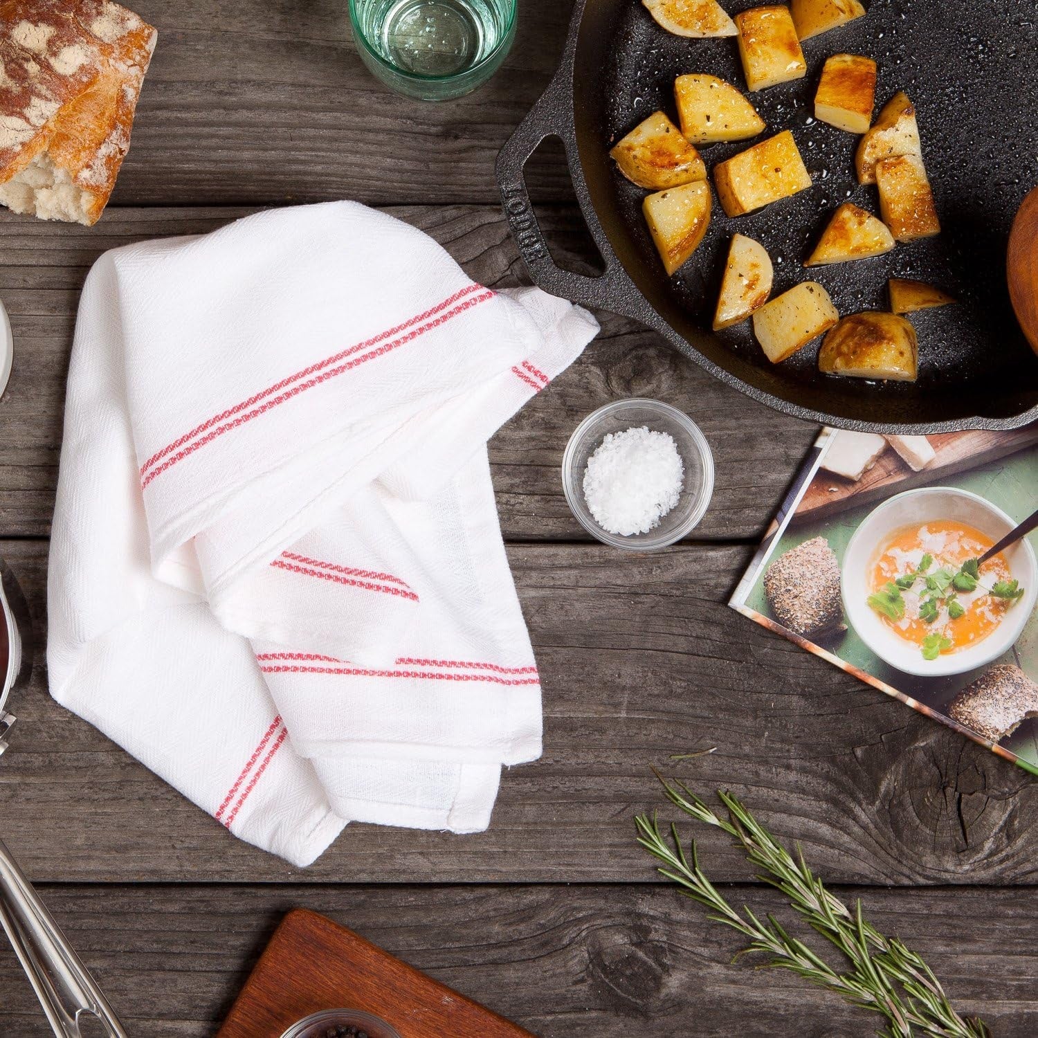 Bulk Economy Wholesale Kitchen Dish Towels (300 Towels) - 100% Cotton Herringbone - Commercial Grade - Bleach Resistant - Restaurant Bar Mops - 24 Oz/Dz - White with Red Stripes