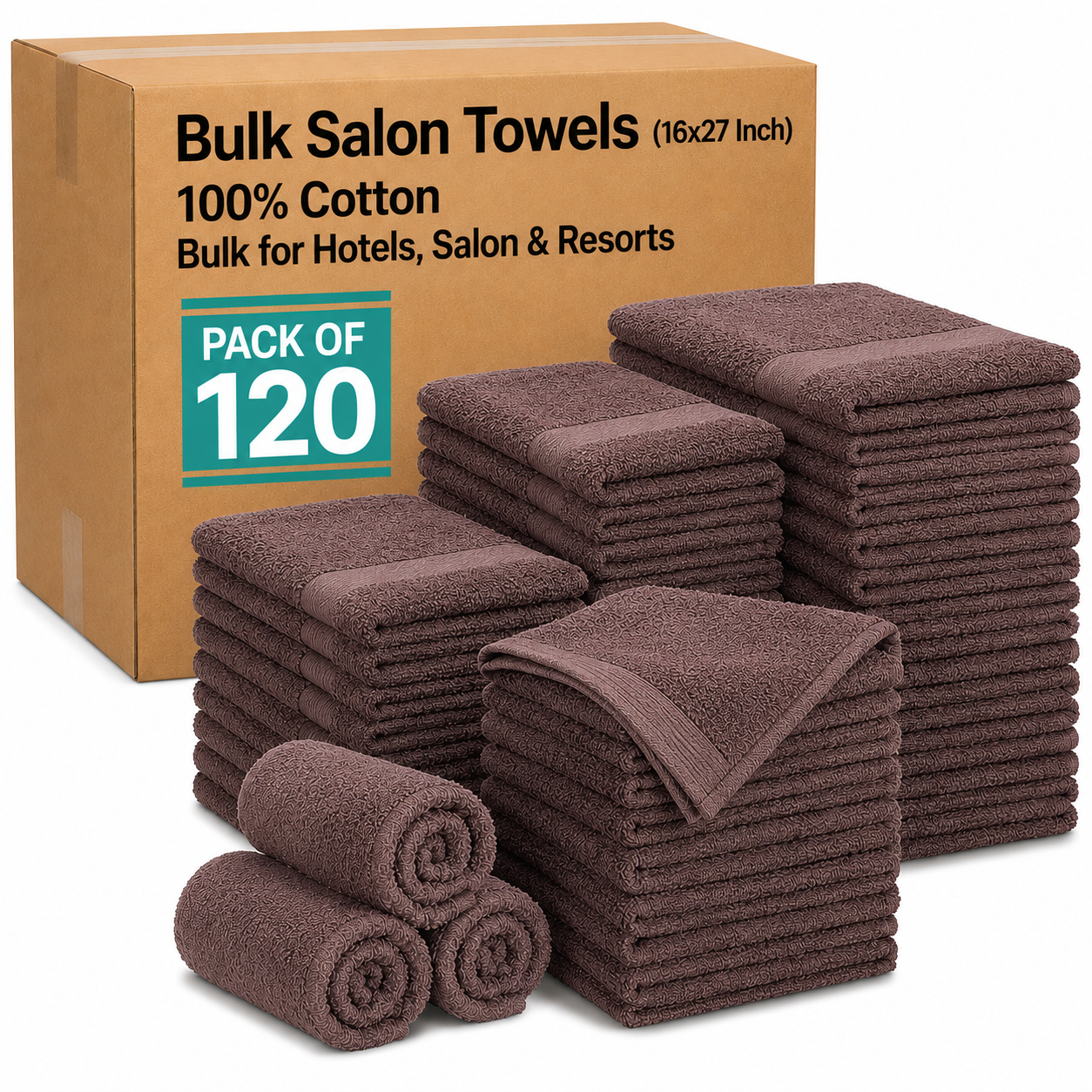 Premium 120 Pack Brown Salon Hand Towels (16x27 Inch) - 100% Cotton - Dobby Border Hand Towels for Hair Salons, Nail Salons, Spas, Gyms & Home Hair Care - Soft & Quick Dry
