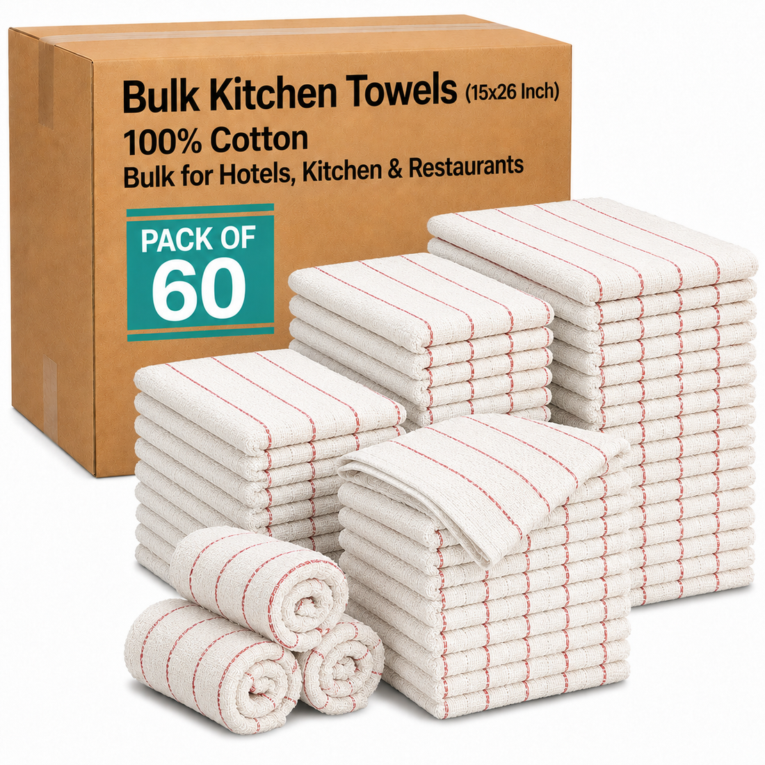 Economical 300 Pack Red Striped  White Glass Towels (15x26 Inch) - 100% Cotton -  Dish Towels for Restaurants, Bars, Hotels, Commercial Kitchens & Janitorial Cleaning - Lint-Free & Highly Absorbent