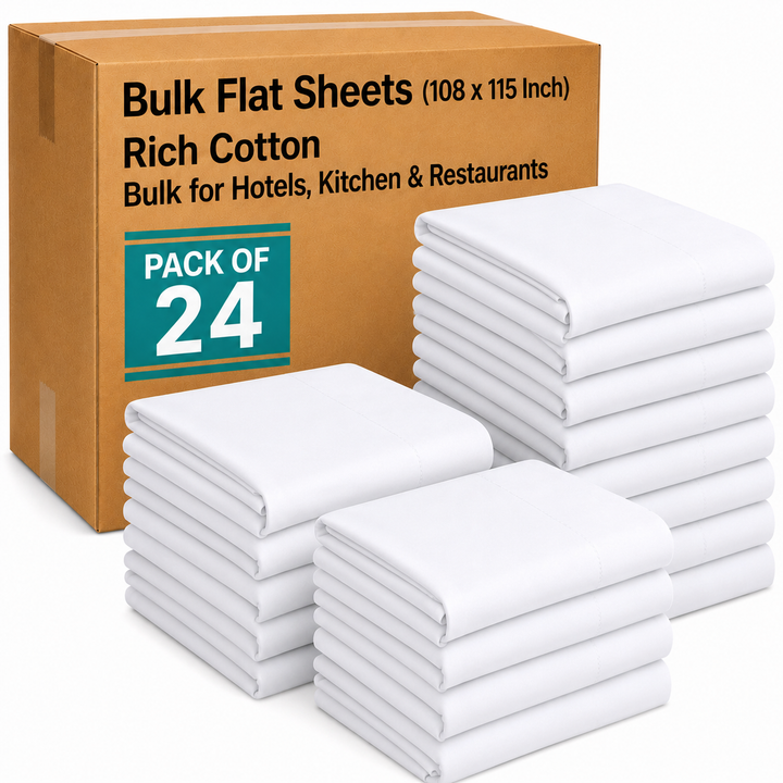 24 Pack King T-200 Flat Bed Sheets (108 x 115 Inch) – White Cotton Rich Polycotton – Soft, Durable Hospitality Quality Flat Sheets for Hotels, Motels, Airbnb, Vacation Rentals, Nursing Homes & Spa