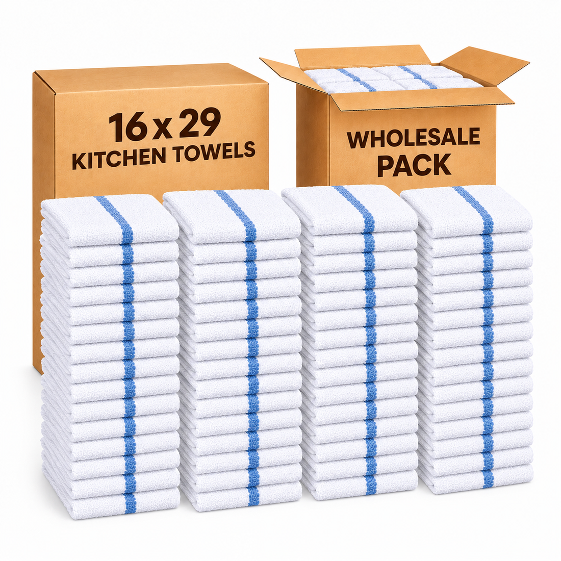 Soft 300 Pack Blue Striped White Bar Mop Towels (16x19 Inch) - 100% Cotton