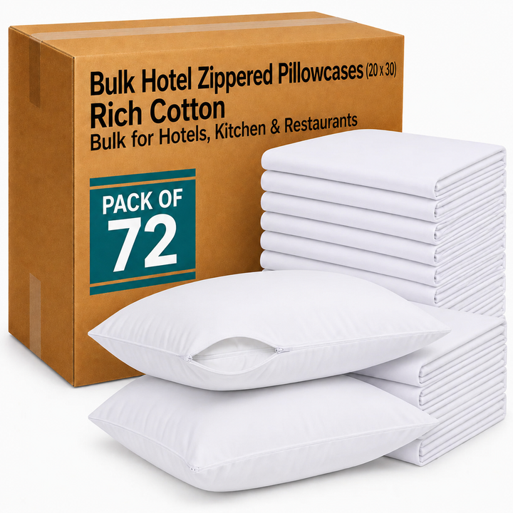 Soft Zippered 72 Pack Standard Pillow Protectors (20 x 30 Inch) – White Cotton Sateen – Soft, Breathable Pillow Covers with Zipper Closure for Hotels, Motels, Airbnb, Vacation Rentals & Healthcare