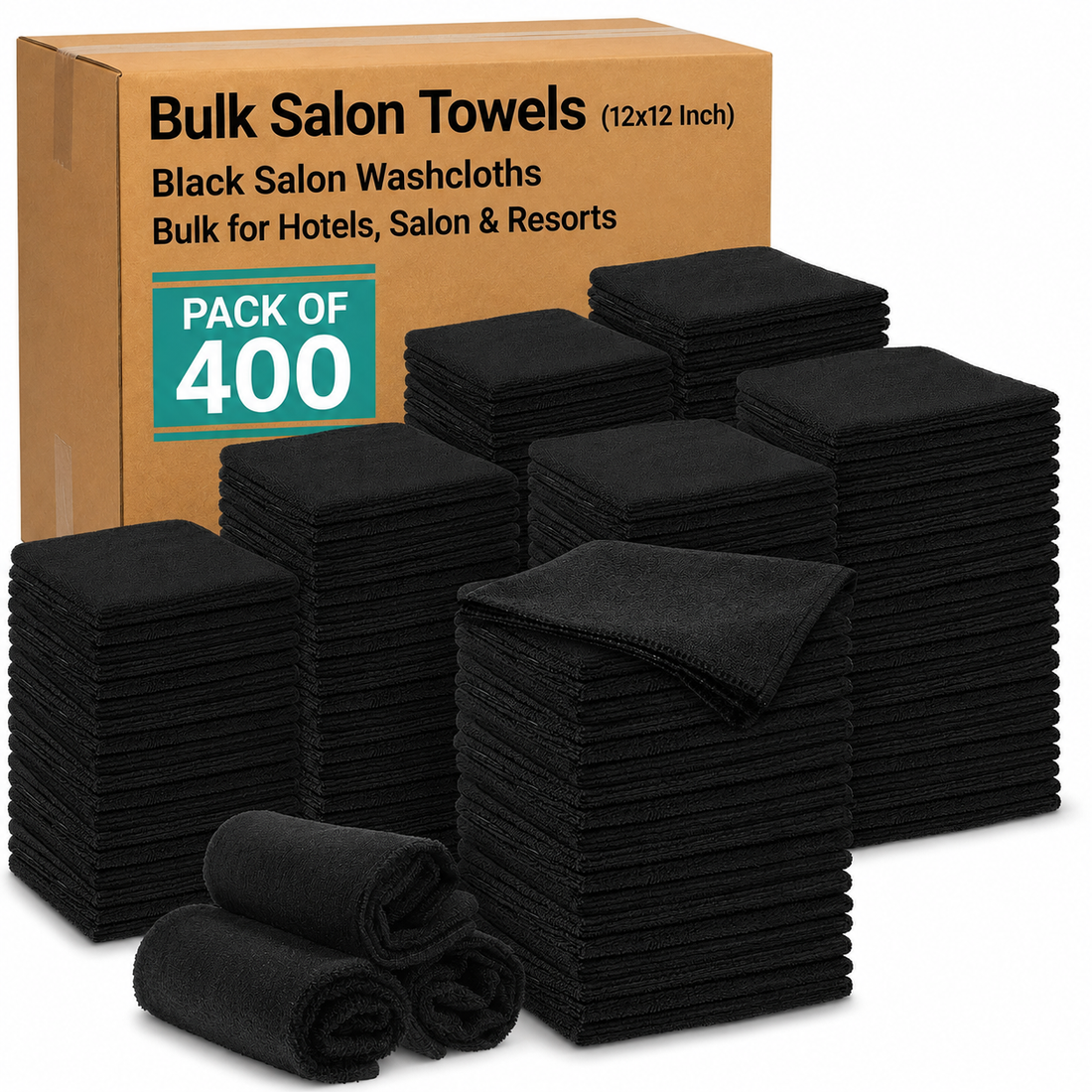 Economical 400 Pack Black Salon Cleaning Cloths (12x12 Inch) - Reusable Lint-Free Microfiber Towels for Salons, Hotels, Spas, Restaurants, Kitchens, Windows & Commercial Cleaning