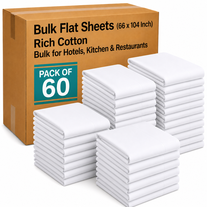 60 Pack Twin T-130 Flat Bed Sheets (66 x 104 Inch) – White Cotton Rich Polycotton – Soft, Durable Hospitality Quality Flat Sheets for Hotels, Motels, Dorms, Hospitals, Camps, Nursing Homes & Spa