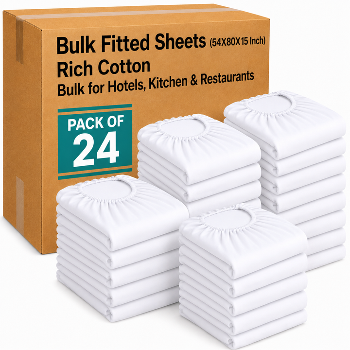 24 Pack Full T-200 Fitted Bed Sheets (54 x 80 x 15 Inch) – White Cotton Rich Polycotton – Soft, Durable Hospitality Quality Fitted Sheets for Hotels, Motels, Airbnb, Vacation Rentals, Nursing Homes & Spa