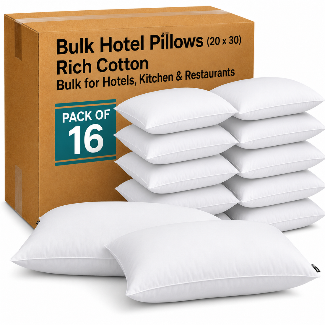 Soft 16 Pack Queen Size Pillows (30 x 20 Inch) – Bulk Pack for Hospitality Use