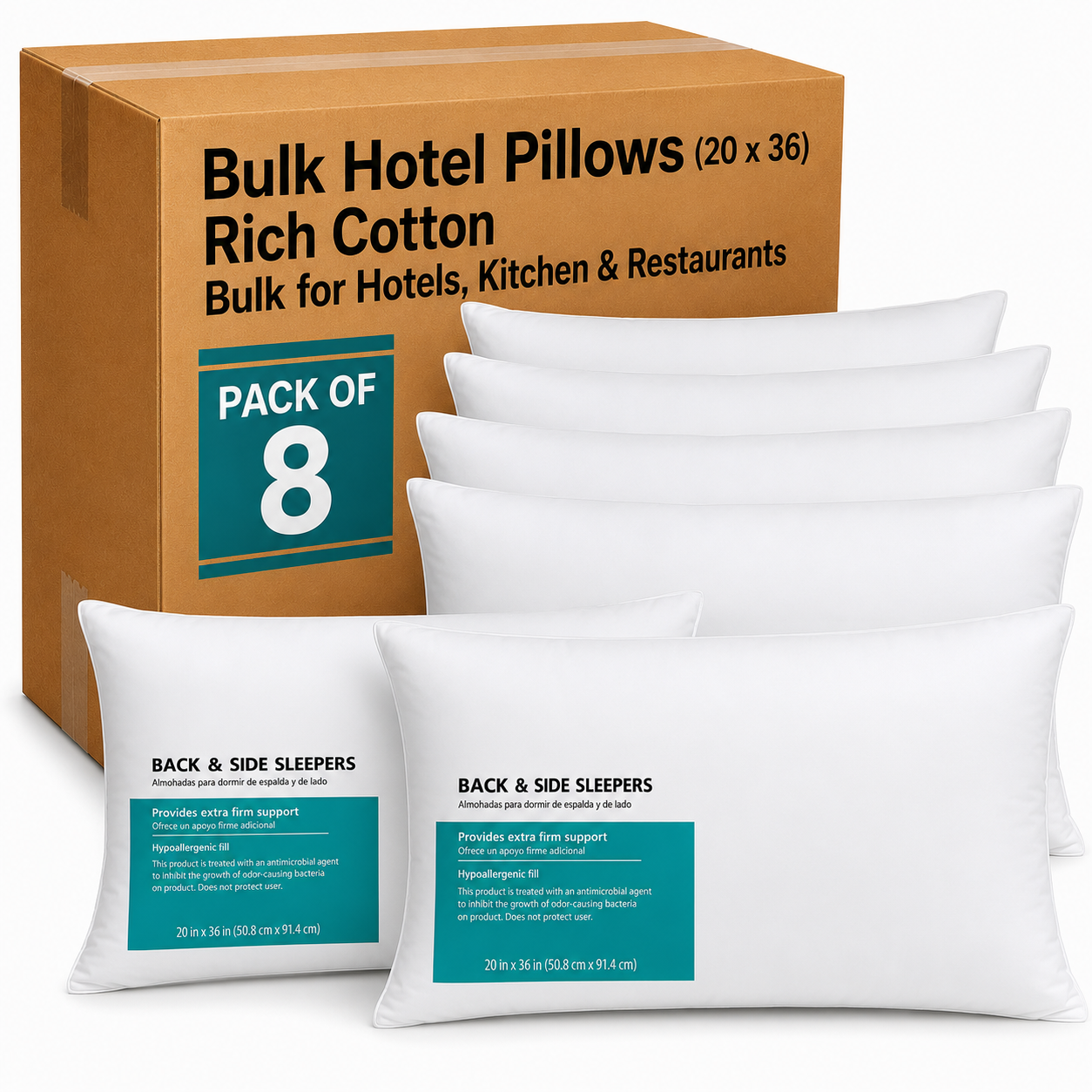 Extra Luxury 8 Pack King Bed Pillows (20 x 36 Inch) – Extra Firm Support