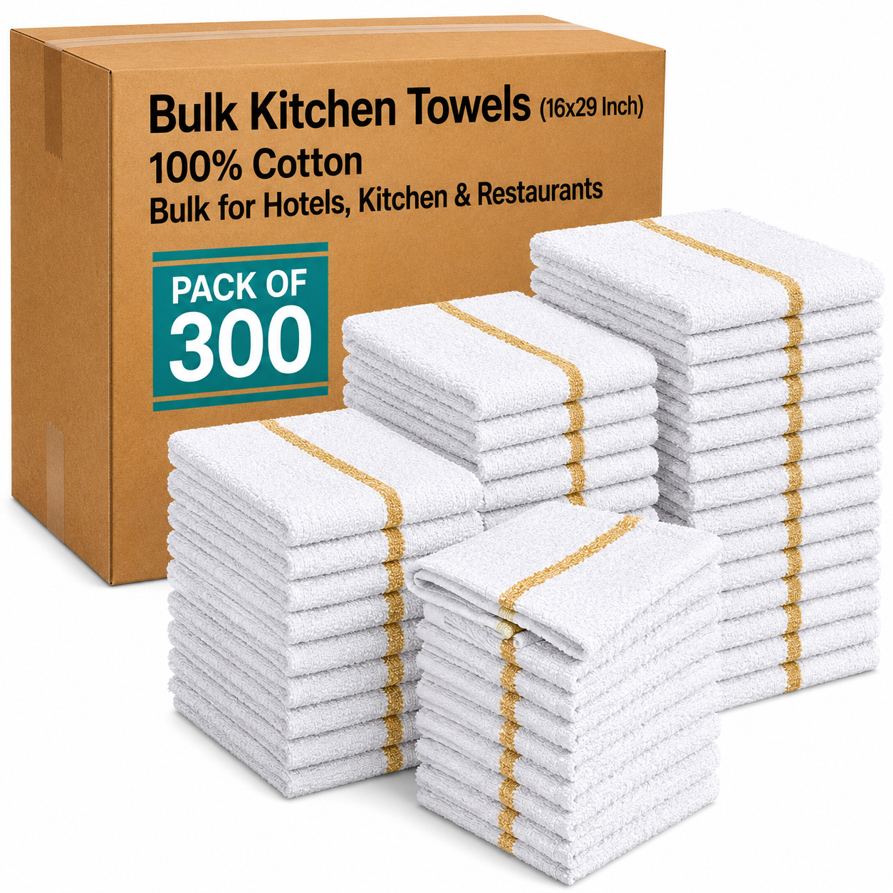 Soft 300 Pack Golden Striped White Bar Mop Towels (16x19 Inch) - 100% Cotton - Super Absorbent Kitchen Towels for Restaurants, Bars, Hotels & Commercial Kitchens
