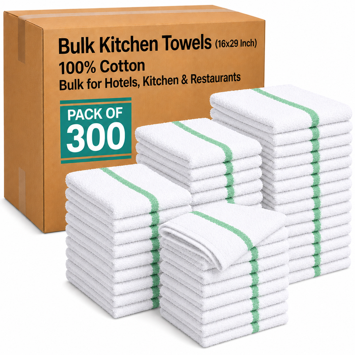 Soft 300 Pack Green Striped White Bar Mop Towels (16x19 Inch) - 100% Cotton - Super Absorbent Kitchen Towels for Restaurants, Bars, Hotels & Commercial Kitchens