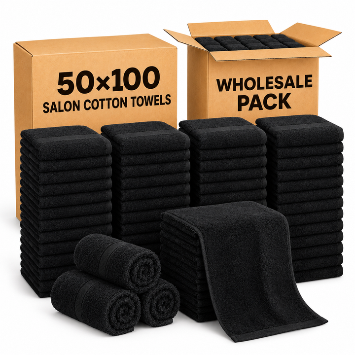 Premium 48 Pack Black Salon Towels (50cm x 100cm) - 100% Cotton