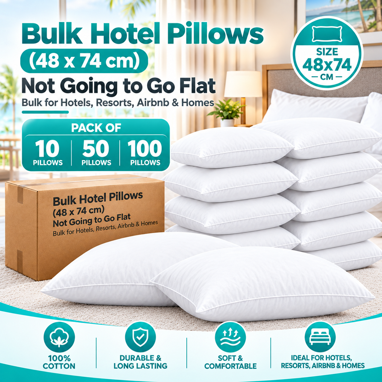 Soft 10 Pieces Standard Size Pillows (48 x 74 cm) – Bulk Pack for Hospitality Use