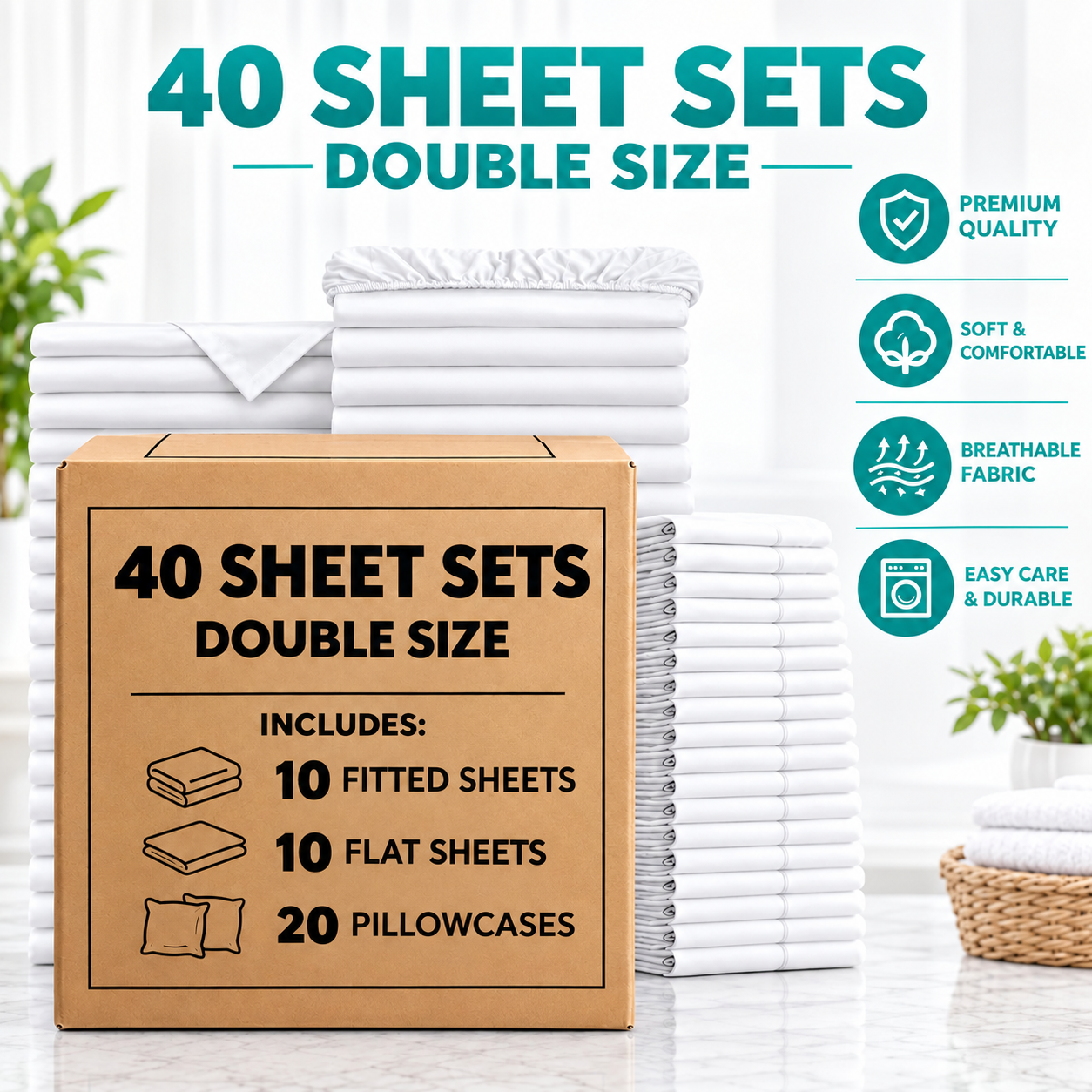 Bulk Case Pack of 40 Double Size Polycotton Bedding Set – 10 Flat Sheets, 10 Deep Fitted Sheets & 20 Pillowcases