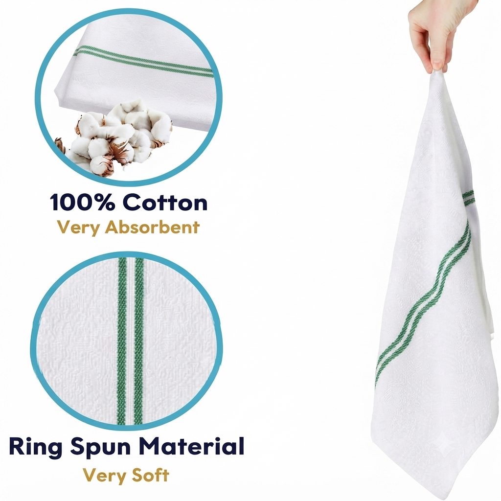 Soft 300 Pack White Green Striped Kitchen Dish Towels (15x26 Inch) - 100% Cotton