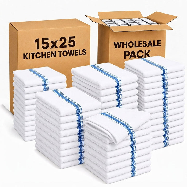 Soft 300 Pack White Blue Striped Dish Towels (15x25 Inch) - 100% Cotton