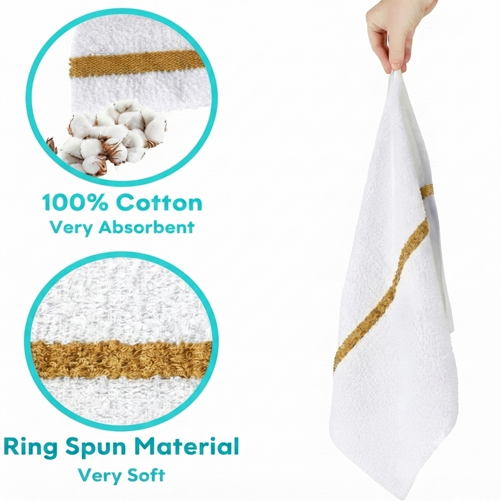 Soft 300 Pack Golden Striped White Bar Mop Towels (16x19 Inch) - 100% Cotton - Super Absorbent Kitchen Towels for Restaurants, Bars, Hotels & Commercial Kitchens