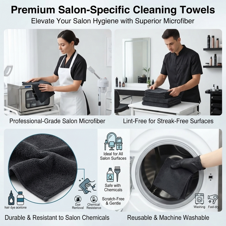 Economical 400 Pack Black Salon Cleaning Cloths (12x12 Inch) - Reusable Lint-Free Microfiber Towels for Salons, Hotels, Spas, Restaurants, Kitchens, Windows & Commercial Cleaning