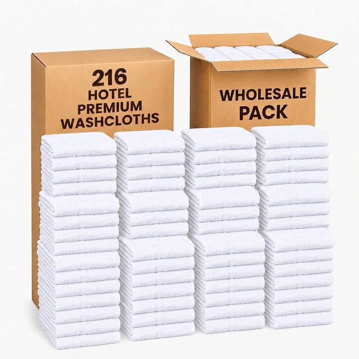 Luxury 216 Pack Wash Cloths (12x12 Inch) - 100% Ring-Spun Cotton 600 GSM
