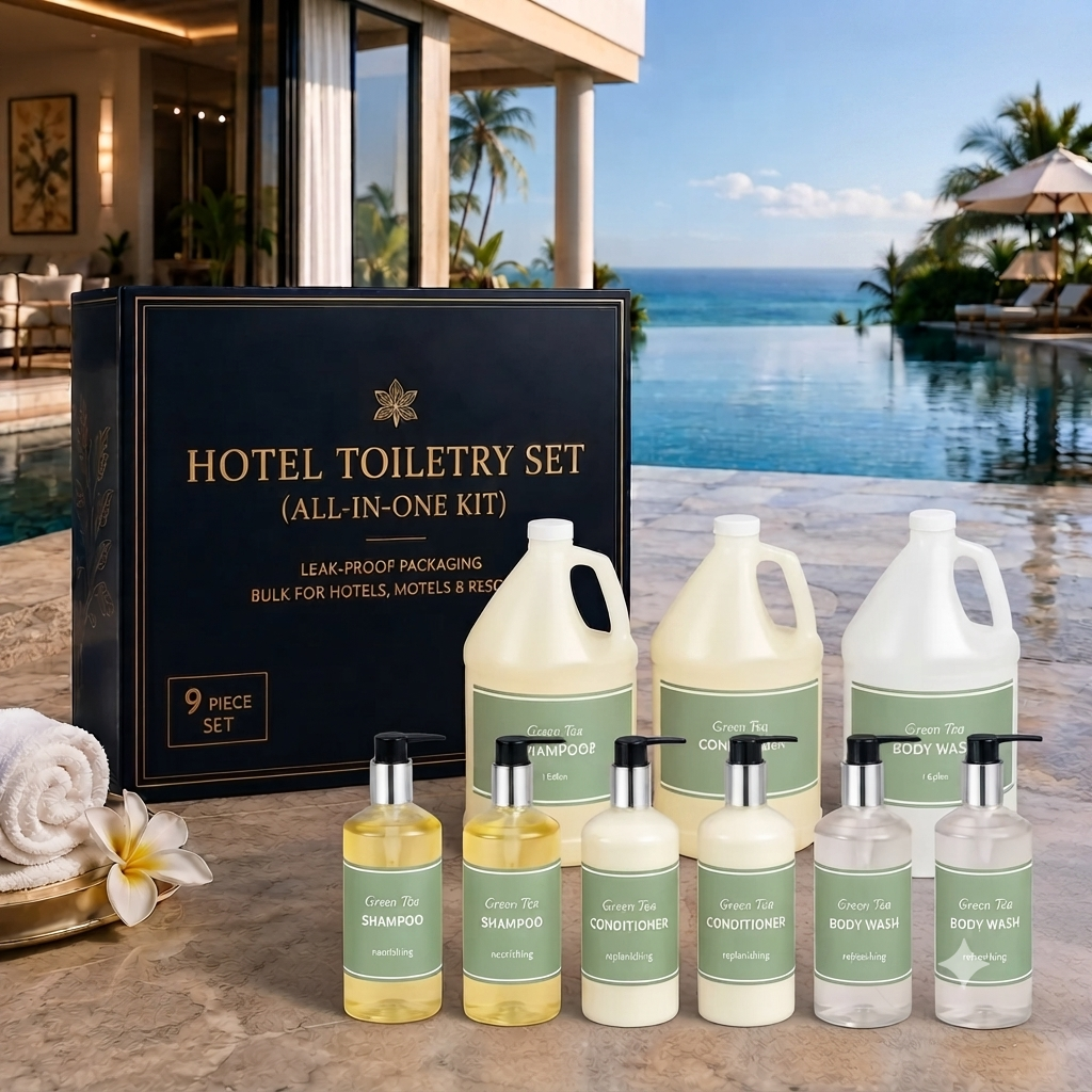 9 pieces Gallon & Dispenser Set | Refillable Hotel Toiletry Kit with Shampoo, Conditioner & Body Wash