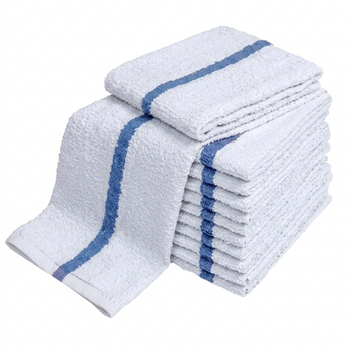 Soft 300 Pack Blue Striped White Bar Mop Towels (16x19 Inch) - 100% Cotton