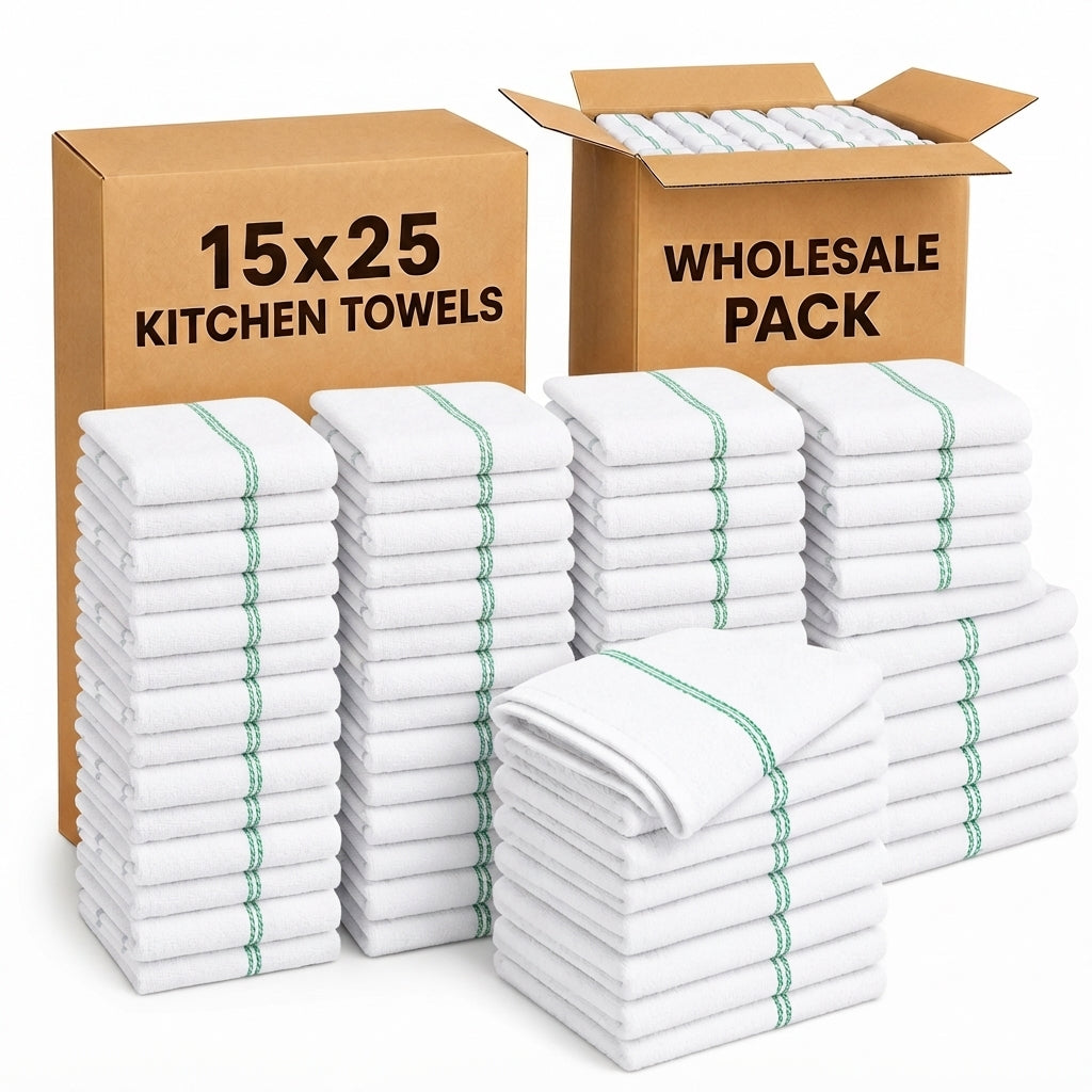 Soft 300 Pack White Green Striped Kitchen Dish Towels (15x26 Inch) - 100% Cotton