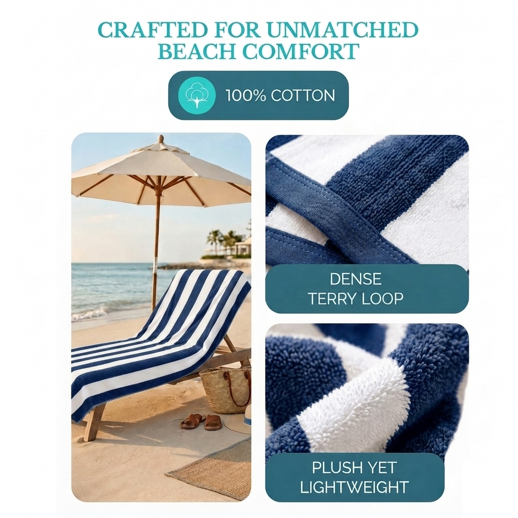 Soft 36 Blue Cabana Beach Towels | 100% Cotton | 36 Pieces Wholesale Pack