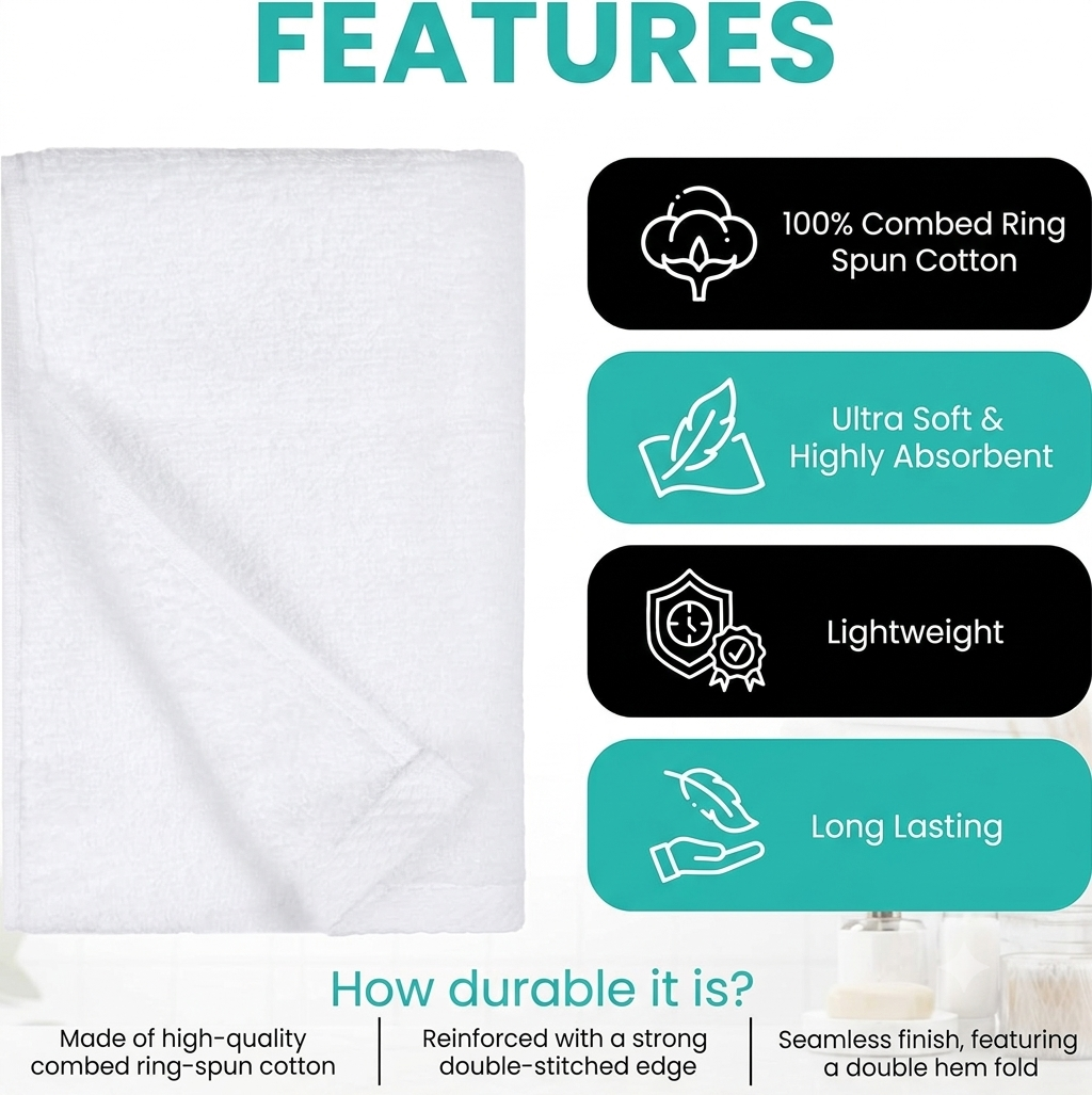 Soft 120 & 180 White Hand Towels (15X25 Inch) - 100% Cotton