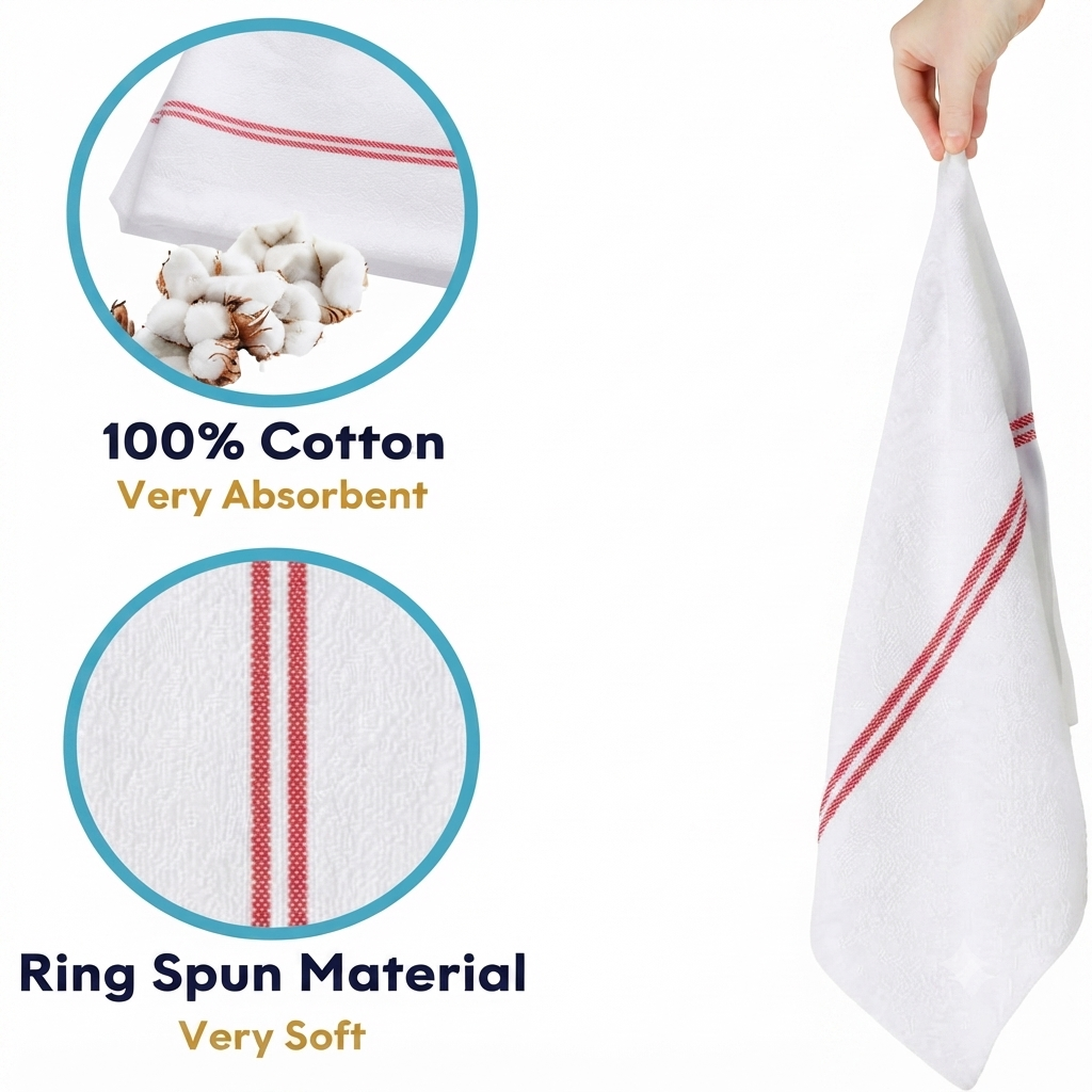 Soft 300 Pack White Red Striped Kitchen Dish Towels (15x26 Inch) - 100% Cotton