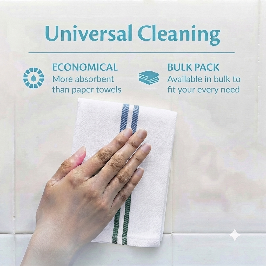 Soft 300 Pack White Blue Striped Dish Towels (15x25 Inch) - 100% Cotton