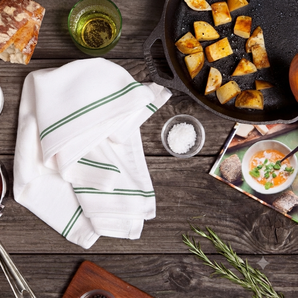 Soft 300 Pack White Green Striped Kitchen Dish Towels (15x26 Inch) - 100% Cotton