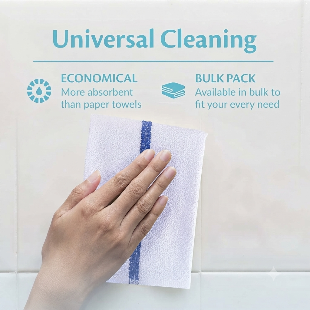 Soft 300 Pack Blue Striped White Bar Mop Towels (16x19 Inch) - 100% Cotton