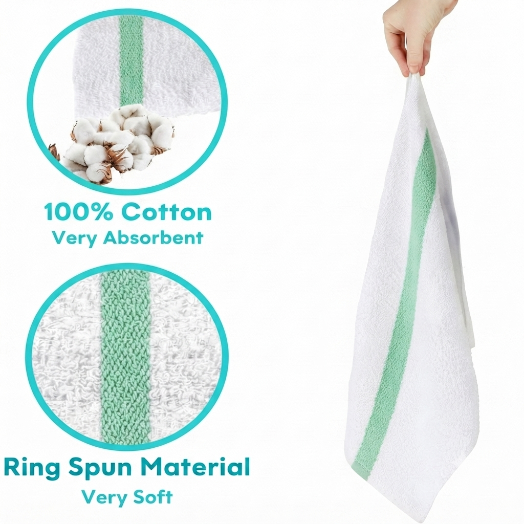 Soft 300 Pack Green Striped White Bar Mop Towels (16x19 Inch) - 100% Cotton - Super Absorbent Kitchen Towels for Restaurants, Bars, Hotels & Commercial Kitchens