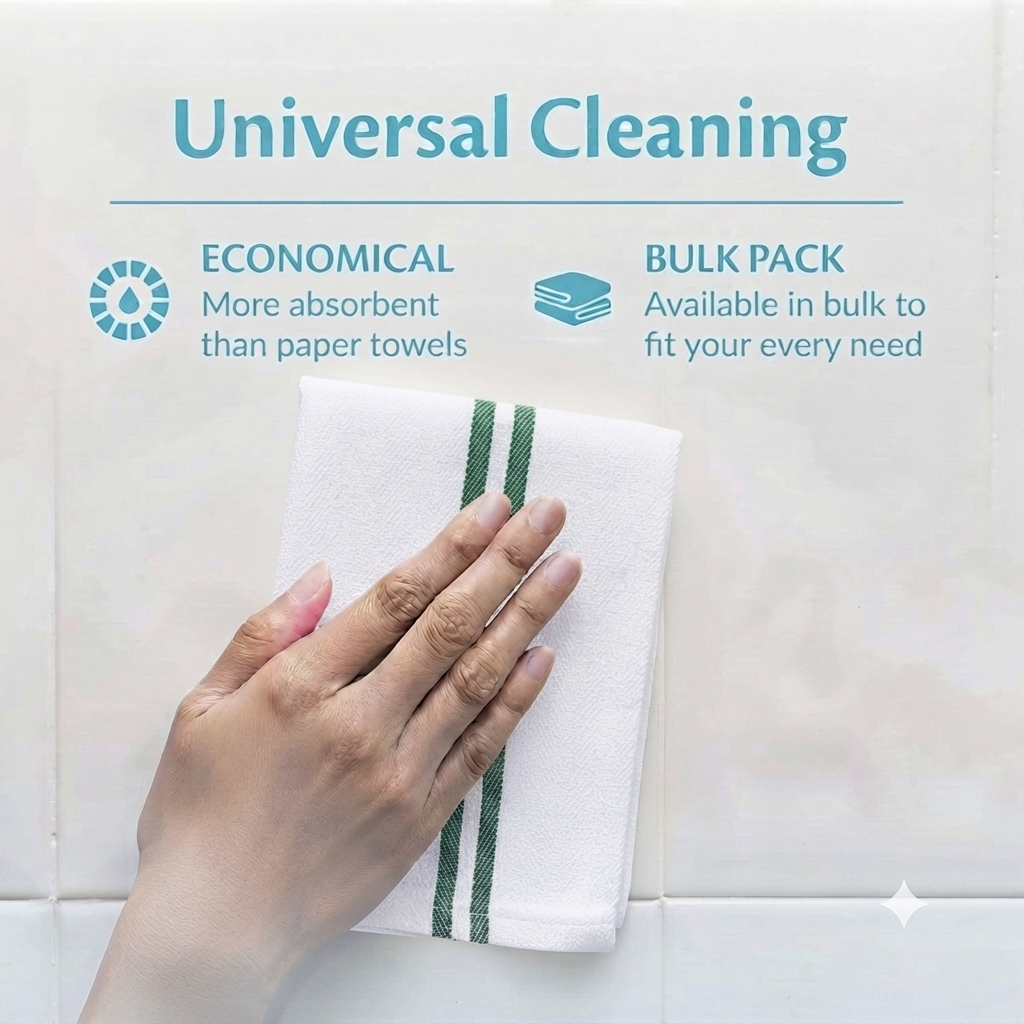 Soft 300 Pack White Green Striped Kitchen Dish Towels (15x26 Inch) - 100% Cotton