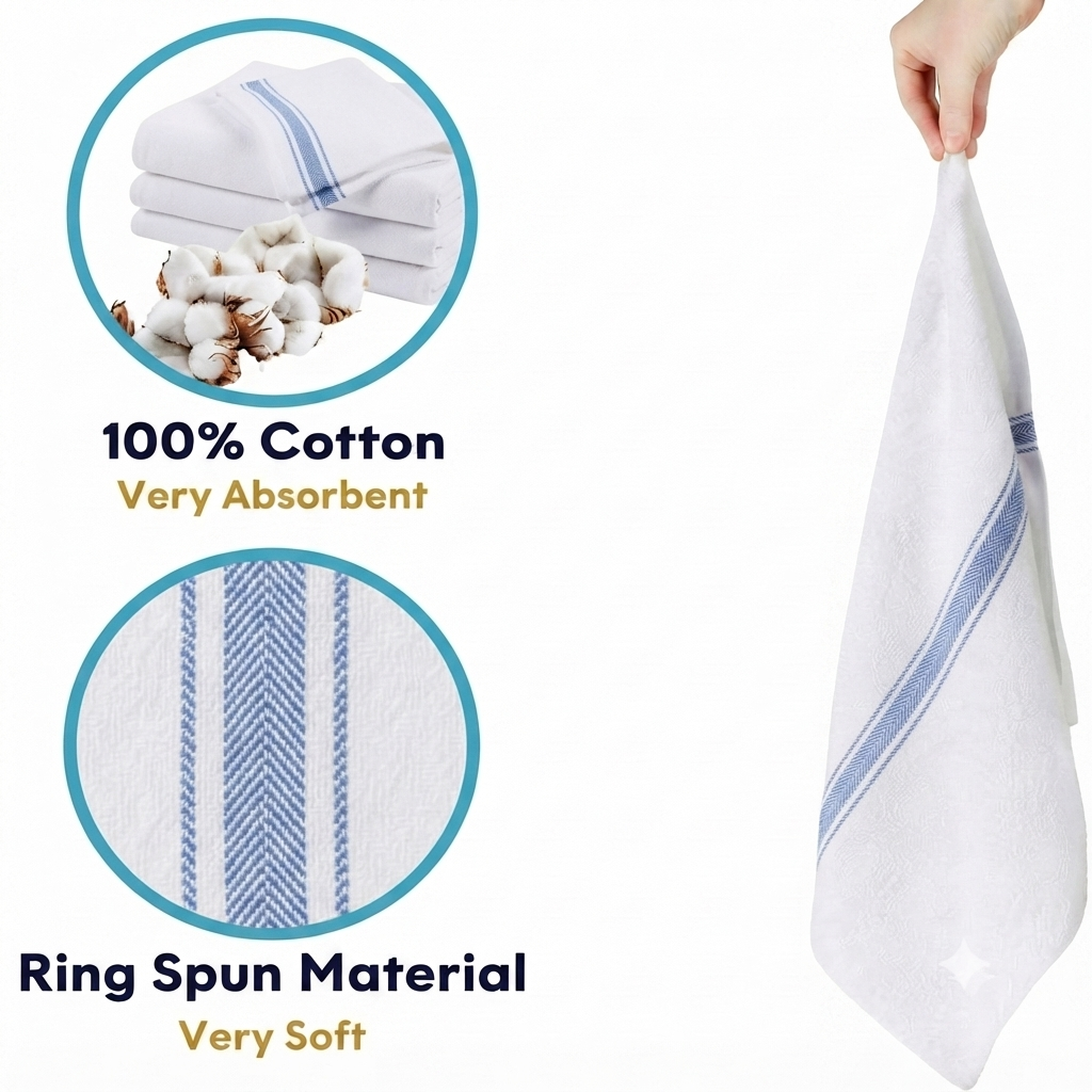 Soft 300 Pack White Blue Striped Dish Towels (15x25 Inch) - 100% Cotton