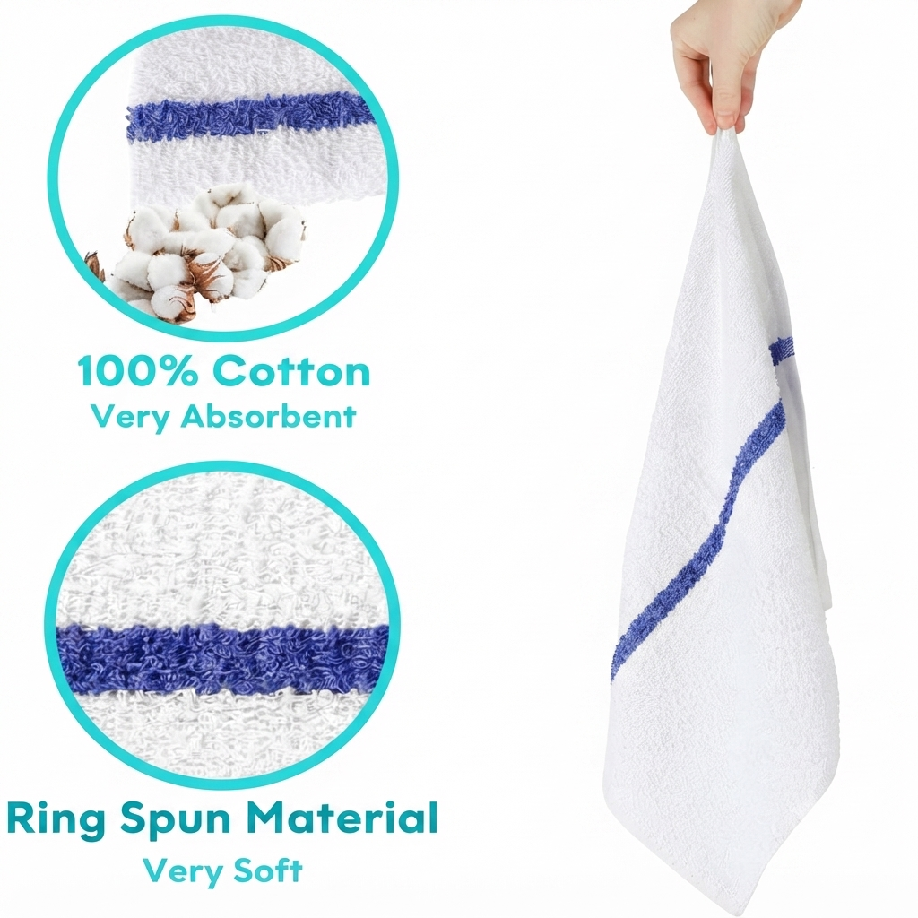 Soft 300 Pack Blue Striped White Bar Mop Towels (16x19 Inch) - 100% Cotton